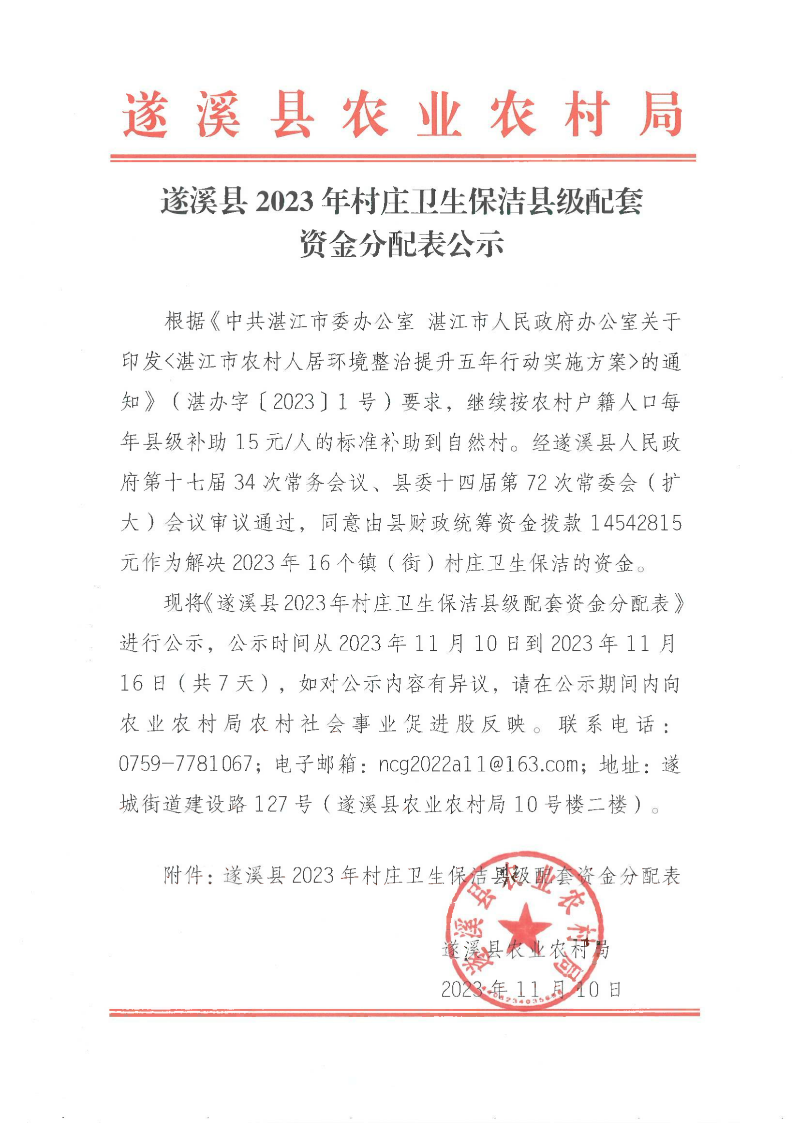 遂溪縣2023年村莊衛生保潔縣級配套資金分配表公示_00.png