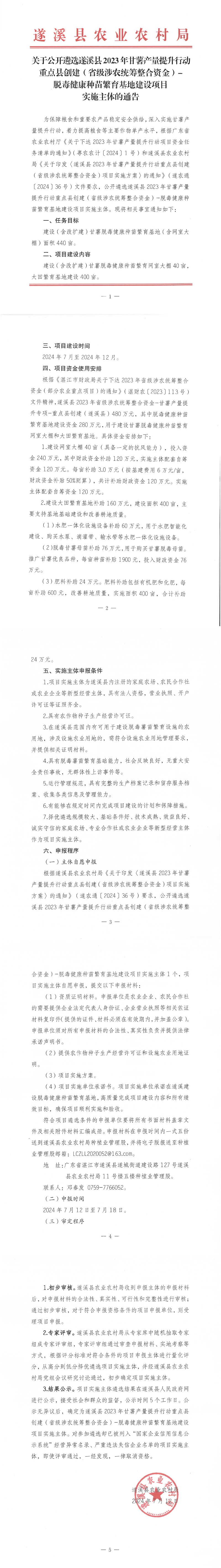 關于公開遴選遂溪縣2023年甘薯產量提升行動重點縣創建（省級涉農統籌整合資金）-脫毒健康種苗繁育基地建設項目實施主體的通告_00.png