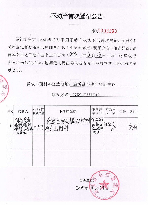 不動產首次登記公告（廣東省遂溪縣河頭鎮雙村村山內經濟合作社）.jpg