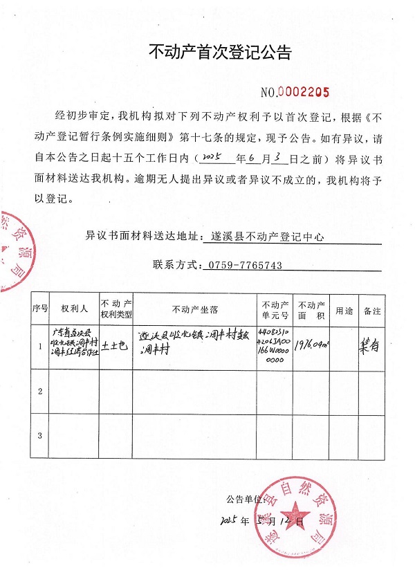 不動產首次登記公告（廣東省遂溪縣嶺北鎮調豐村調豐經濟合作社）.jpg