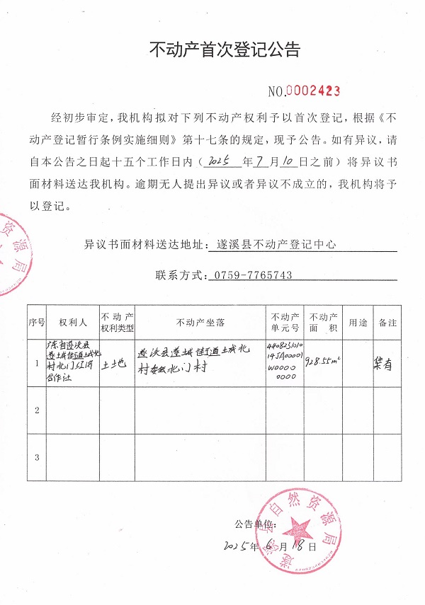不動產首次登記公告（廣東省遂溪縣遂成街道城北村北門經濟合作社）.jpg